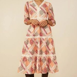 Hayden Peach and Pink Patchwork Maxi Dress with Lace Trim